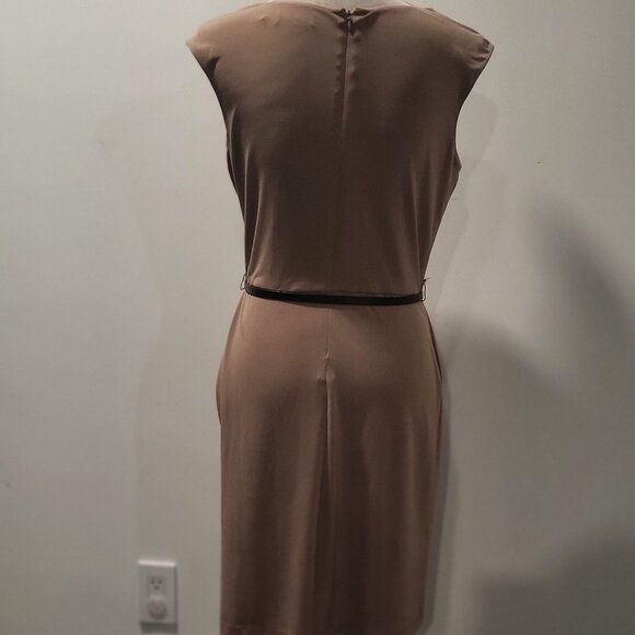 Calvin Klein Size 4 Tan Sleeveless, Belted Dress, Cowl Neck - Picture 5 of 7